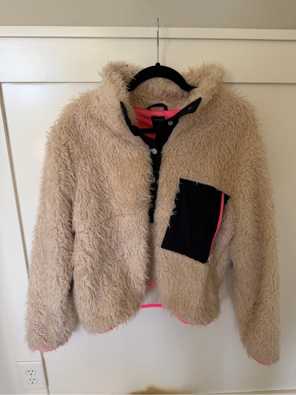 Stance Beige Faux Fur Jacket with Black Pocket and Pink Trim